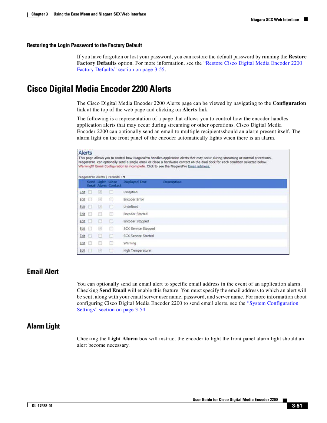 Cisco Systems manual Cisco Digital Media Encoder 2200 Alerts, Email Alert, Alarm Light 