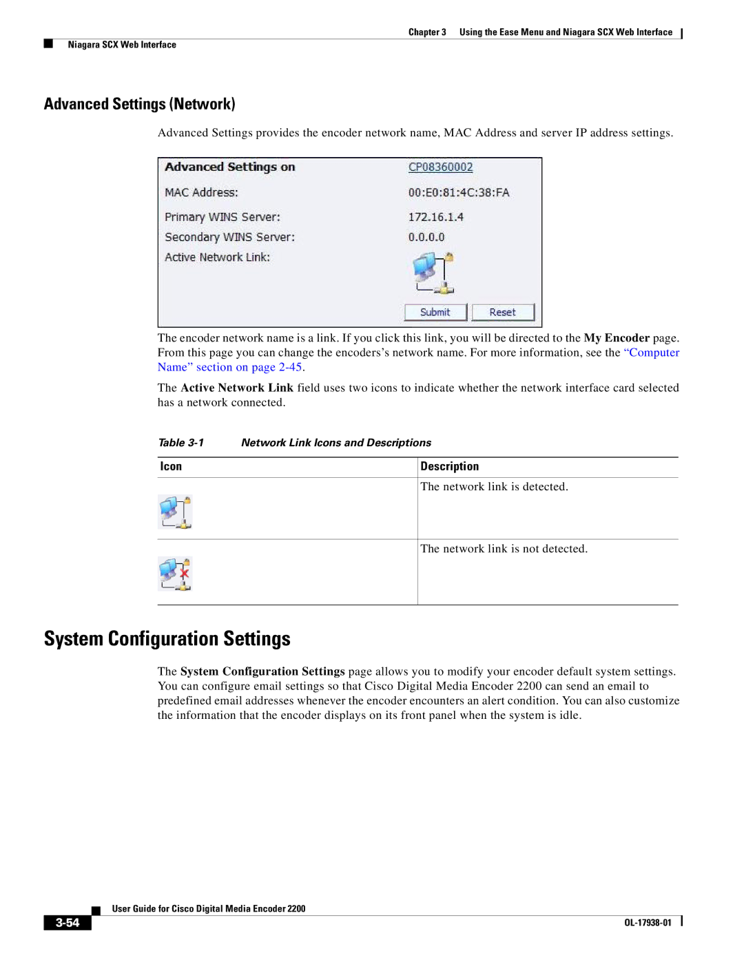 Cisco Systems 2200 manual System Configuration Settings, Advanced Settings Network 