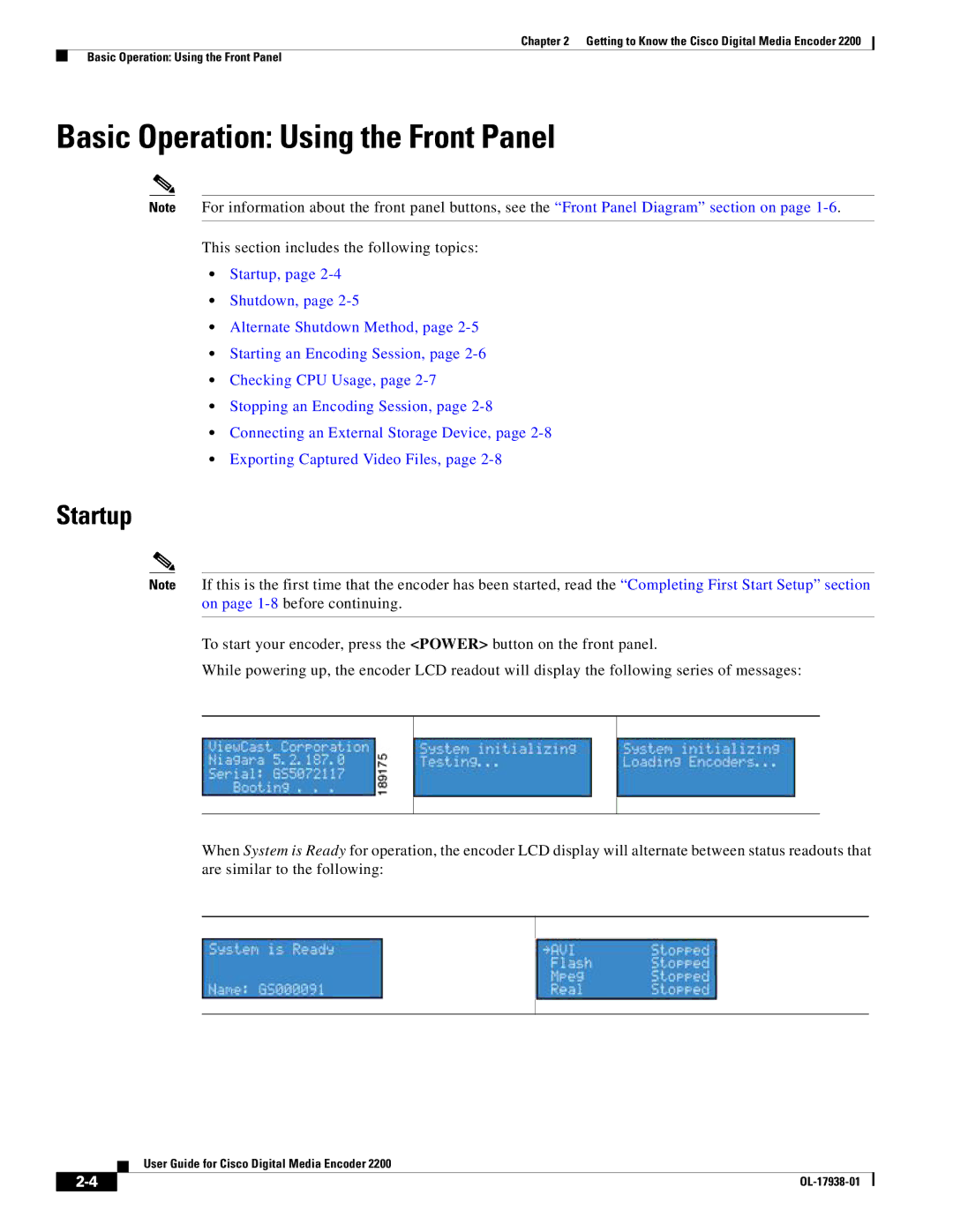 Cisco Systems 2200 manual Basic Operation Using the Front Panel, Startup 