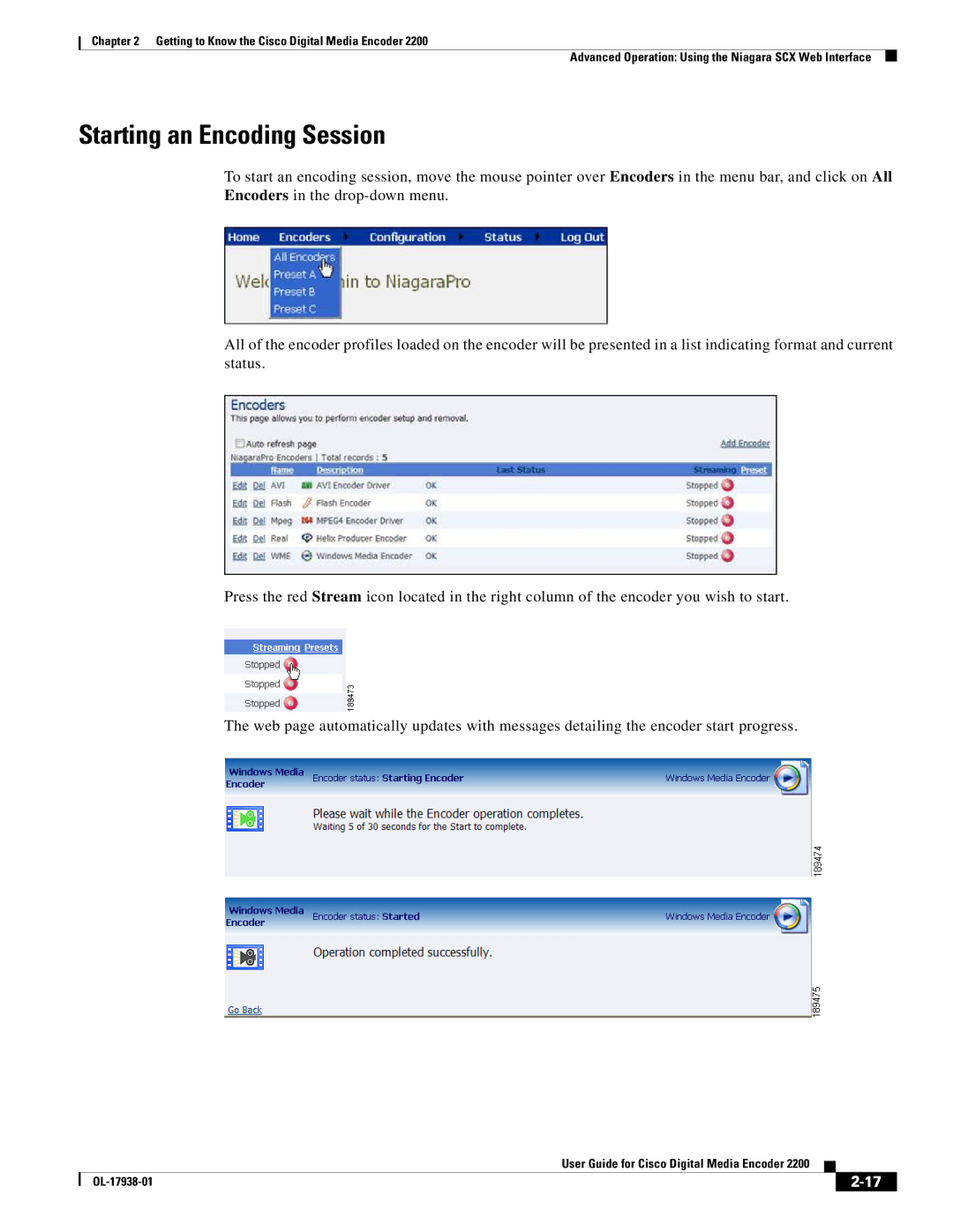 Cisco Systems 2200 manual Starting an Encoding Session 