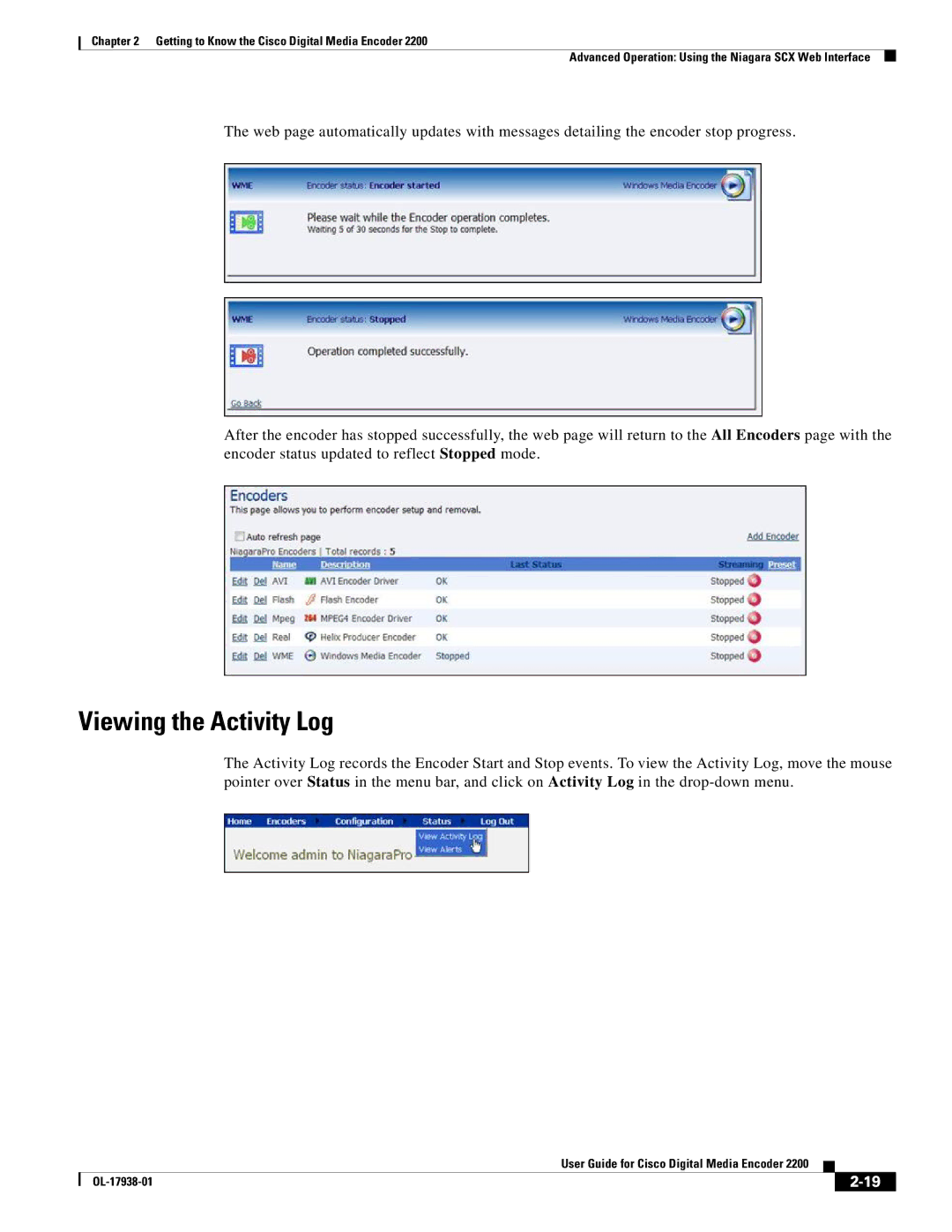 Cisco Systems 2200 manual Viewing the Activity Log 