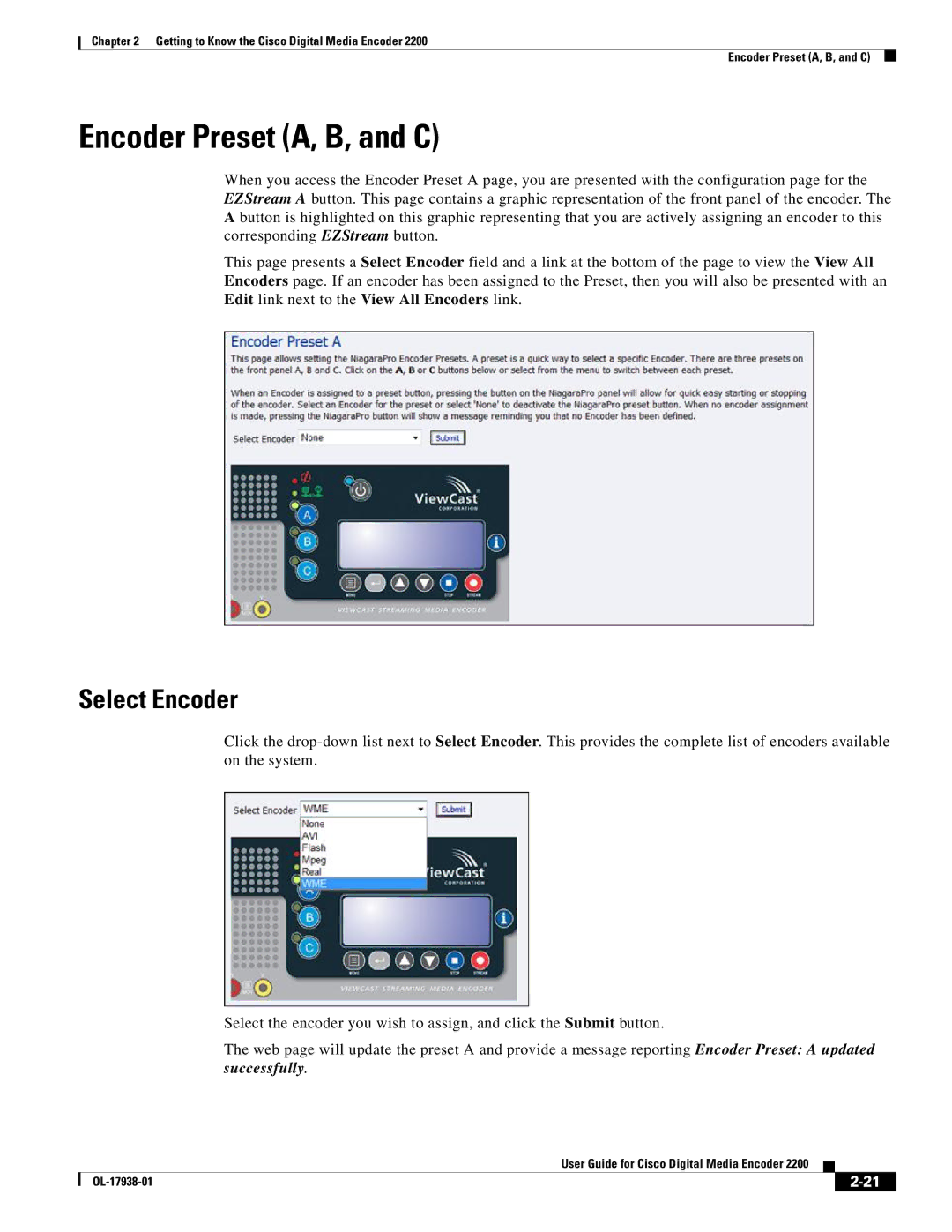 Cisco Systems 2200 manual Encoder Preset A, B, and C, Select Encoder 