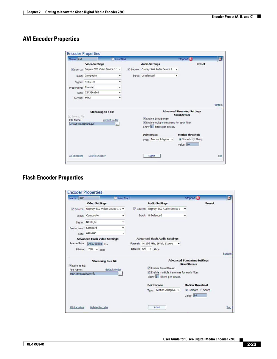 Cisco Systems 2200 manual AVI Encoder Properties Flash Encoder Properties 