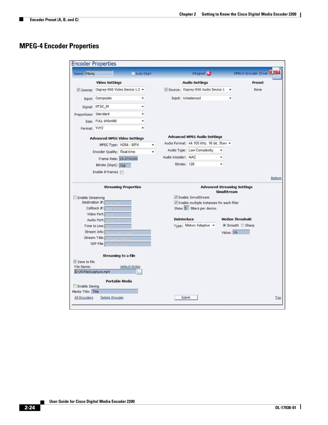 Cisco Systems 2200 manual MPEG-4 Encoder Properties 