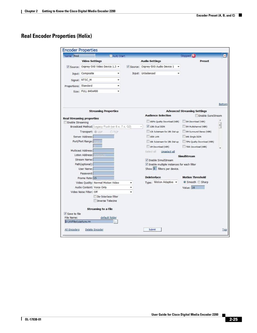 Cisco Systems 2200 manual Real Encoder Properties Helix 