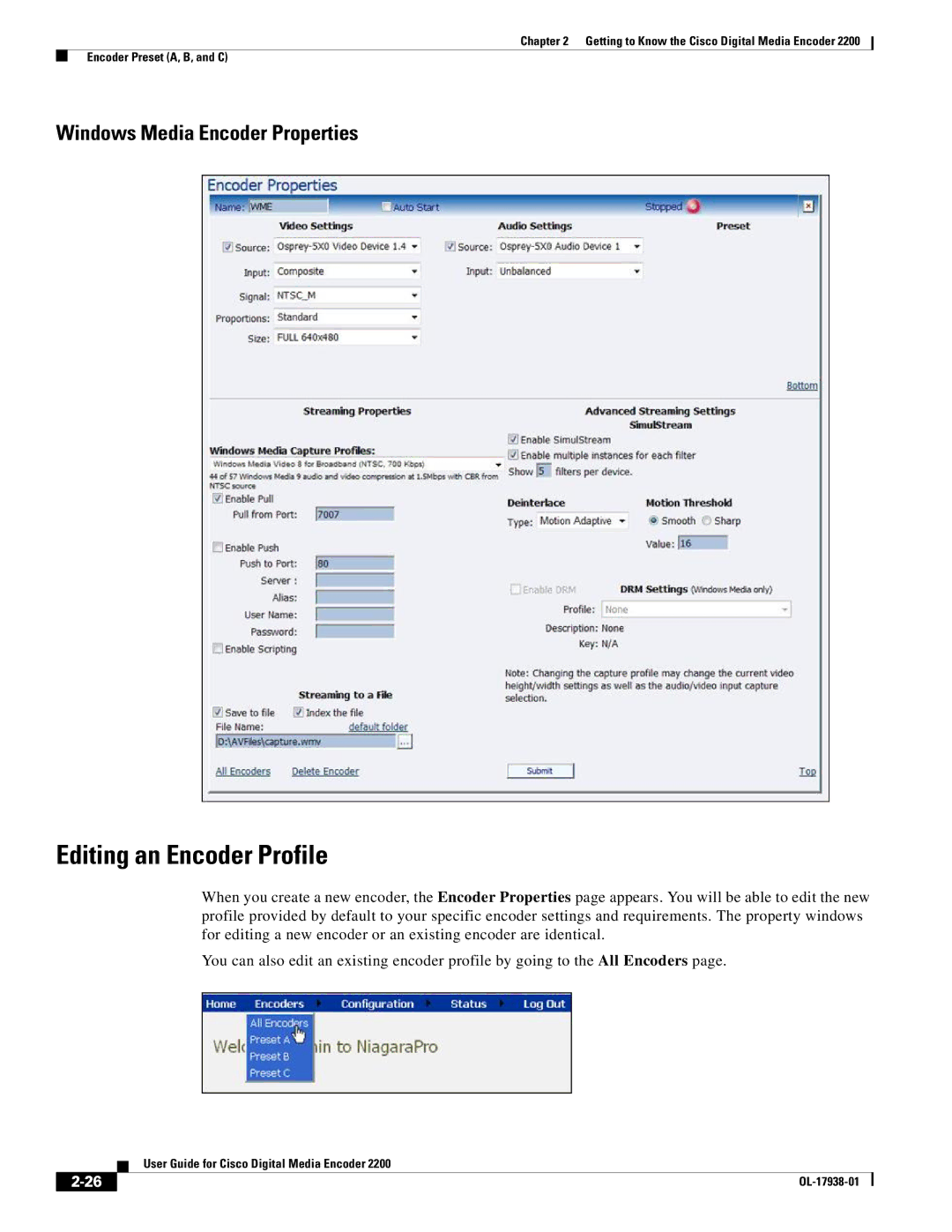 Cisco Systems 2200 manual Editing an Encoder Profile, Windows Media Encoder Properties 