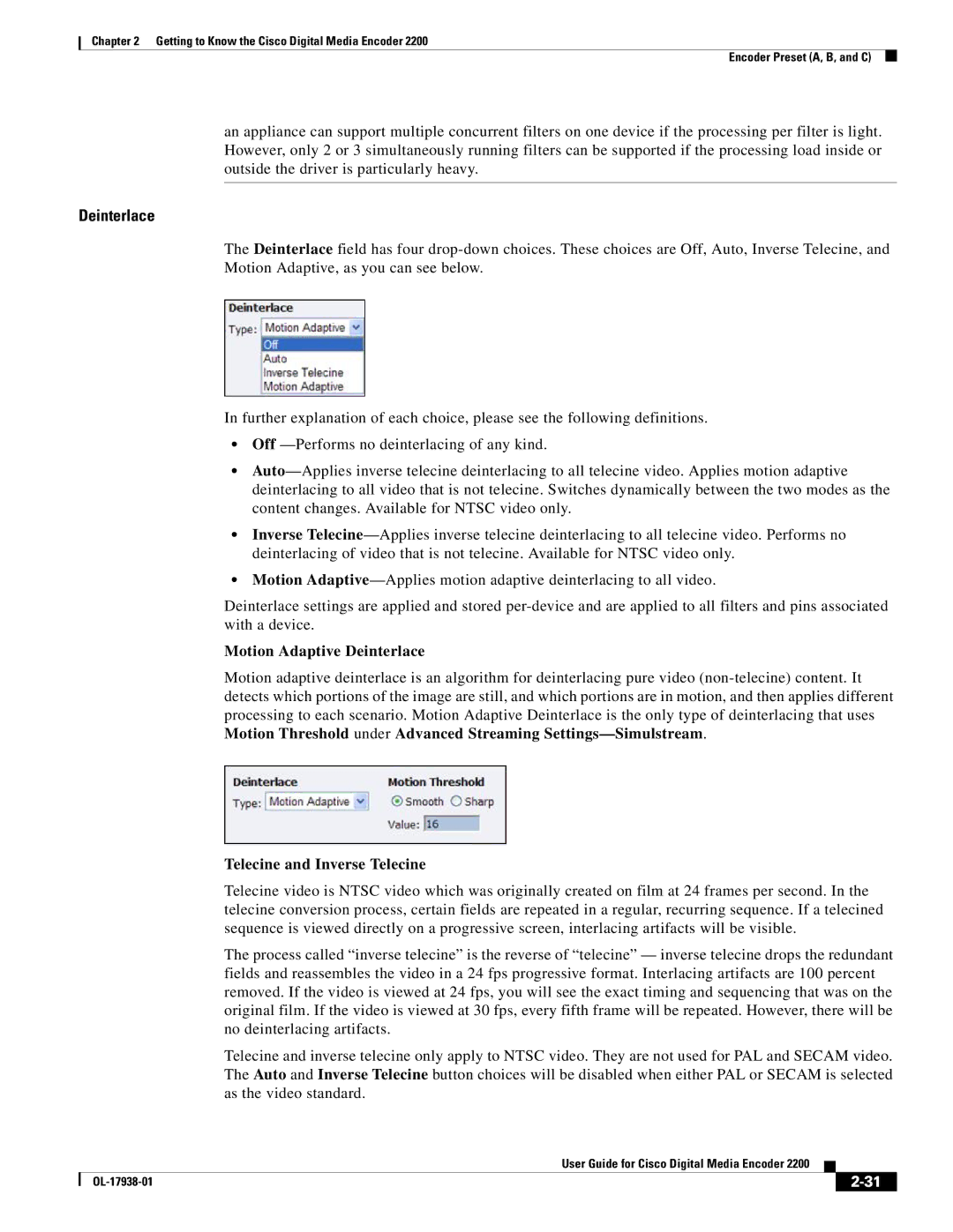 Cisco Systems 2200 manual Motion Adaptive Deinterlace, Telecine and Inverse Telecine 