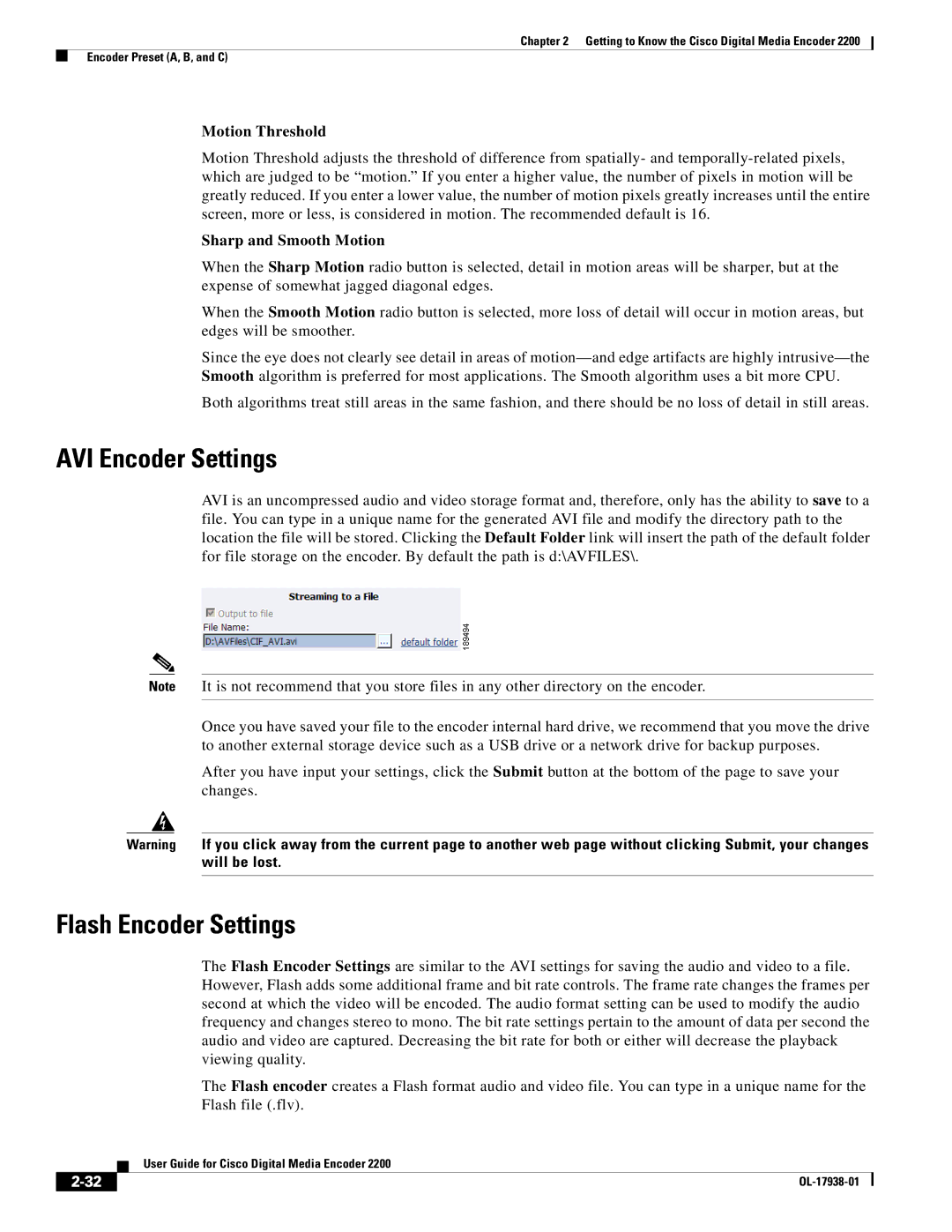 Cisco Systems 2200 manual AVI Encoder Settings, Flash Encoder Settings, Motion Threshold, Sharp and Smooth Motion 