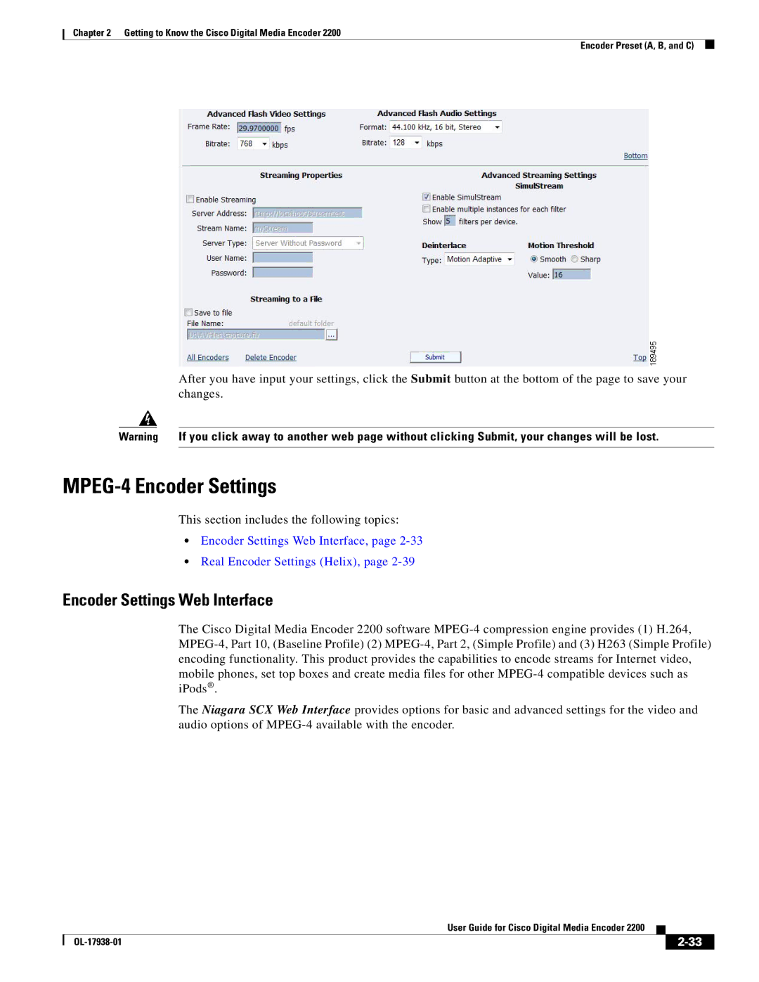 Cisco Systems 2200 manual MPEG-4 Encoder Settings, Encoder Settings Web Interface 