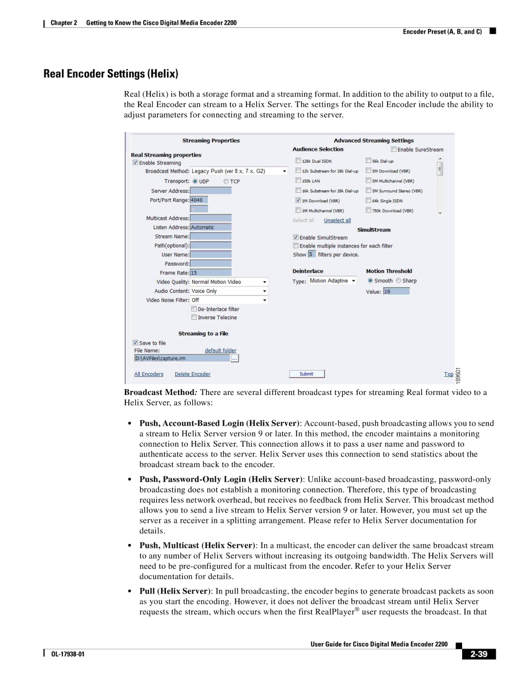 Cisco Systems 2200 manual Real Encoder Settings Helix 