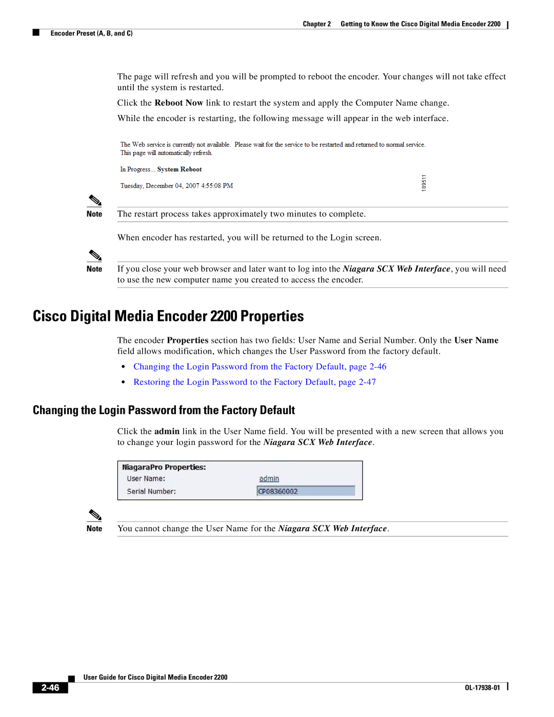 Cisco Systems manual Cisco Digital Media Encoder 2200 Properties, Changing the Login Password from the Factory Default 