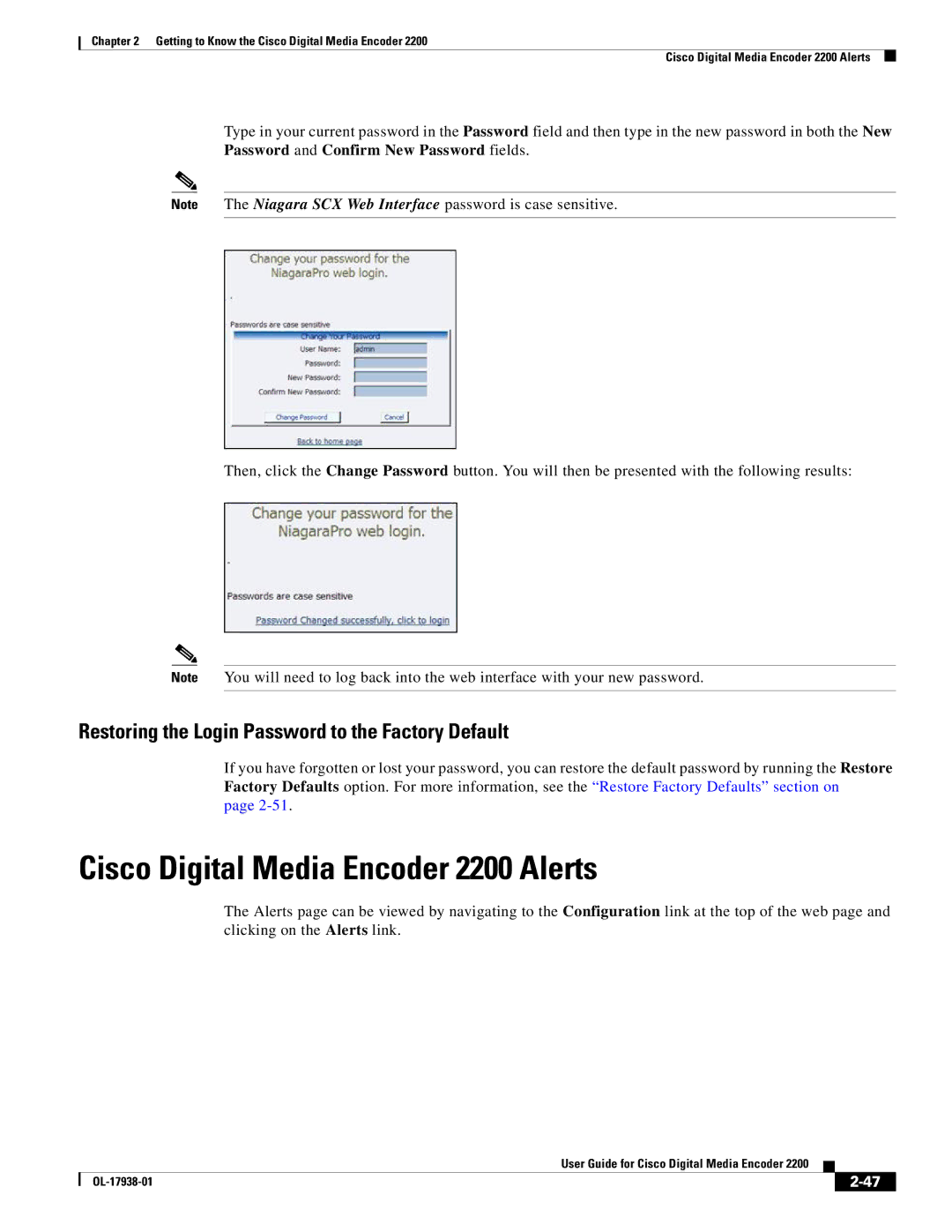 Cisco Systems manual Cisco Digital Media Encoder 2200 Alerts, Restoring the Login Password to the Factory Default 