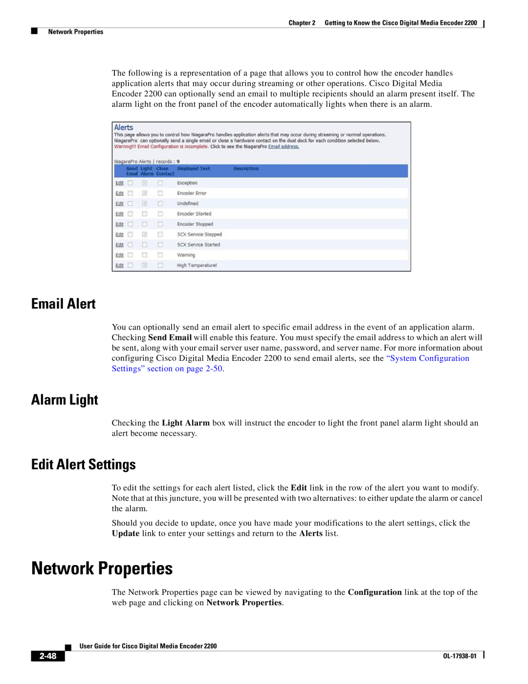 Cisco Systems 2200 manual Network Properties, Email Alert, Alarm Light, Edit Alert Settings 