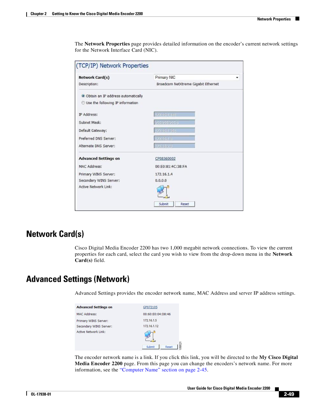 Cisco Systems 2200 manual Network Cards, Advanced Settings Network 