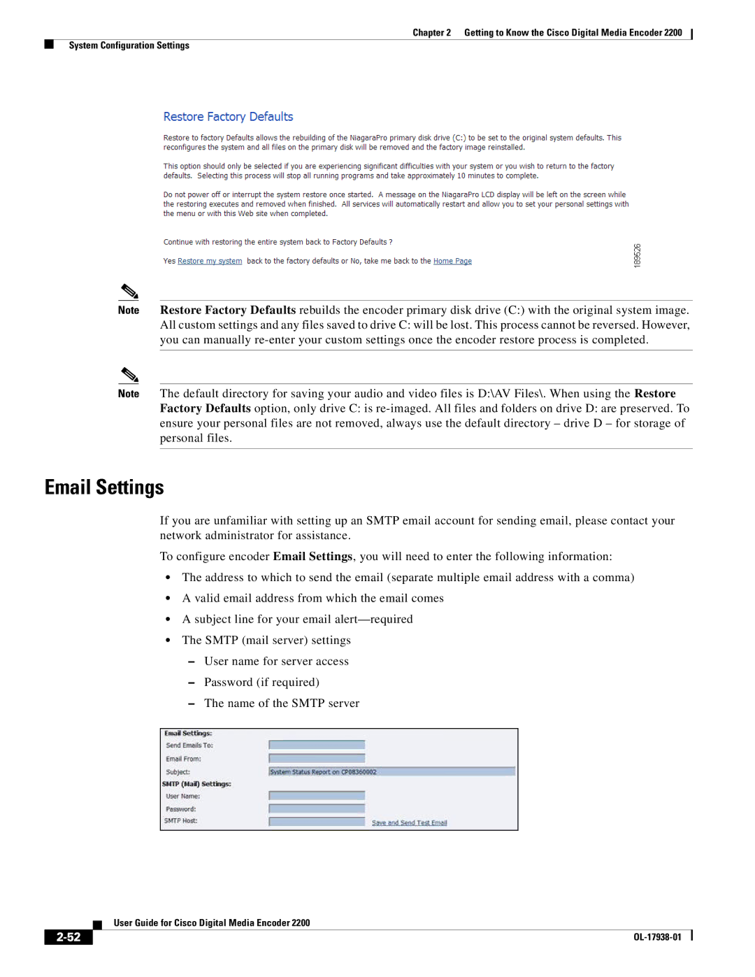 Cisco Systems 2200 manual Email Settings 