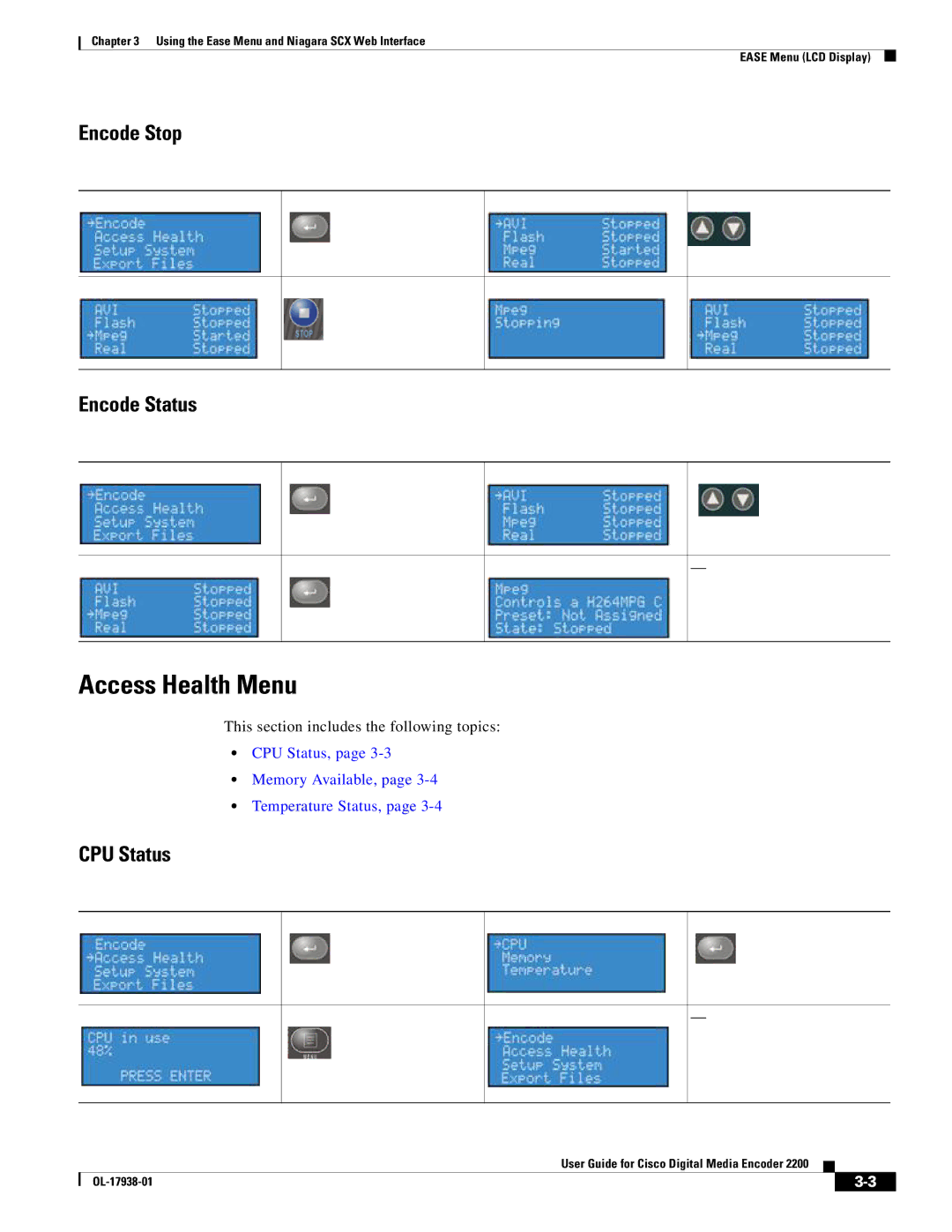 Cisco Systems 2200 manual Access Health Menu, Encode Stop Encode Status, CPU Status 