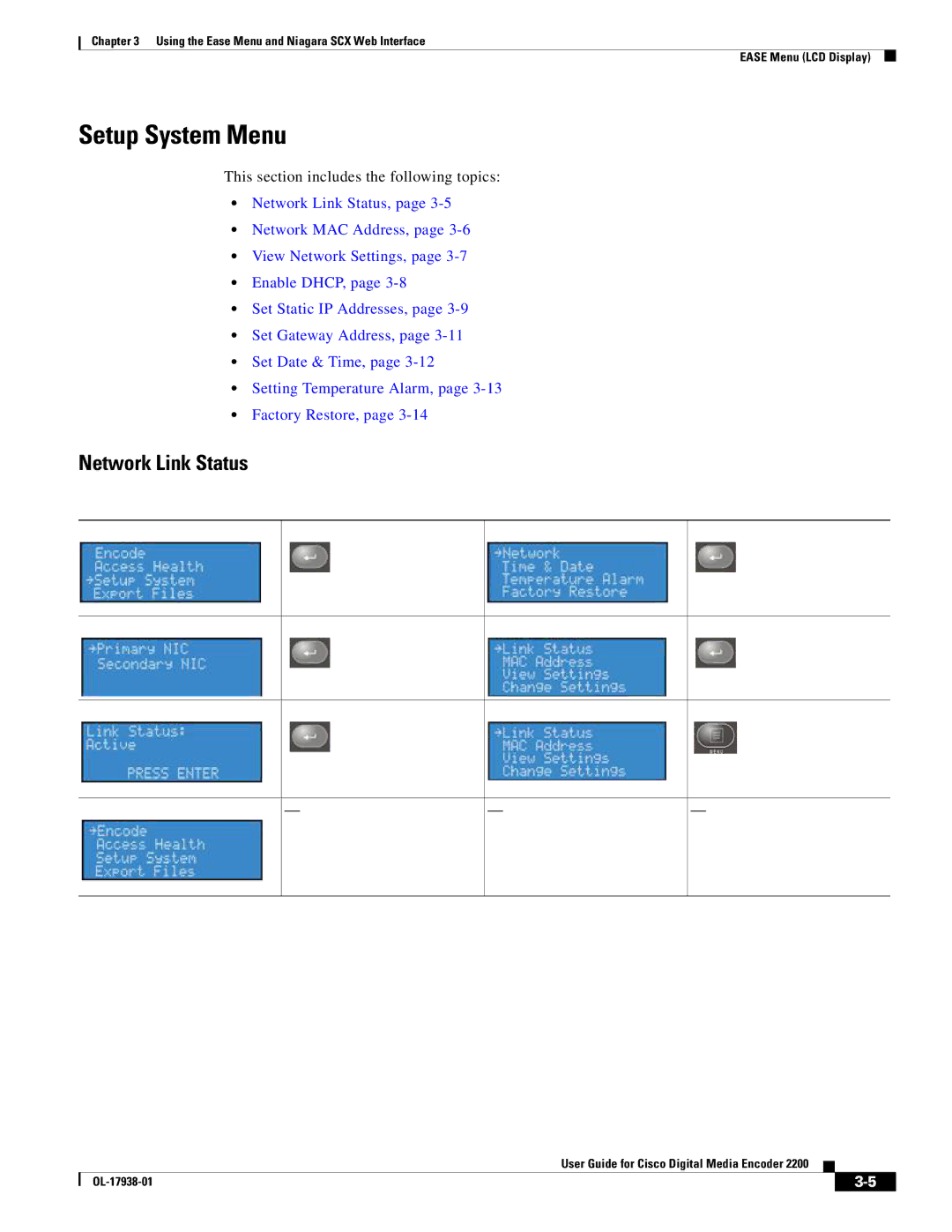 Cisco Systems 2200 manual Setup System Menu, Network Link Status 