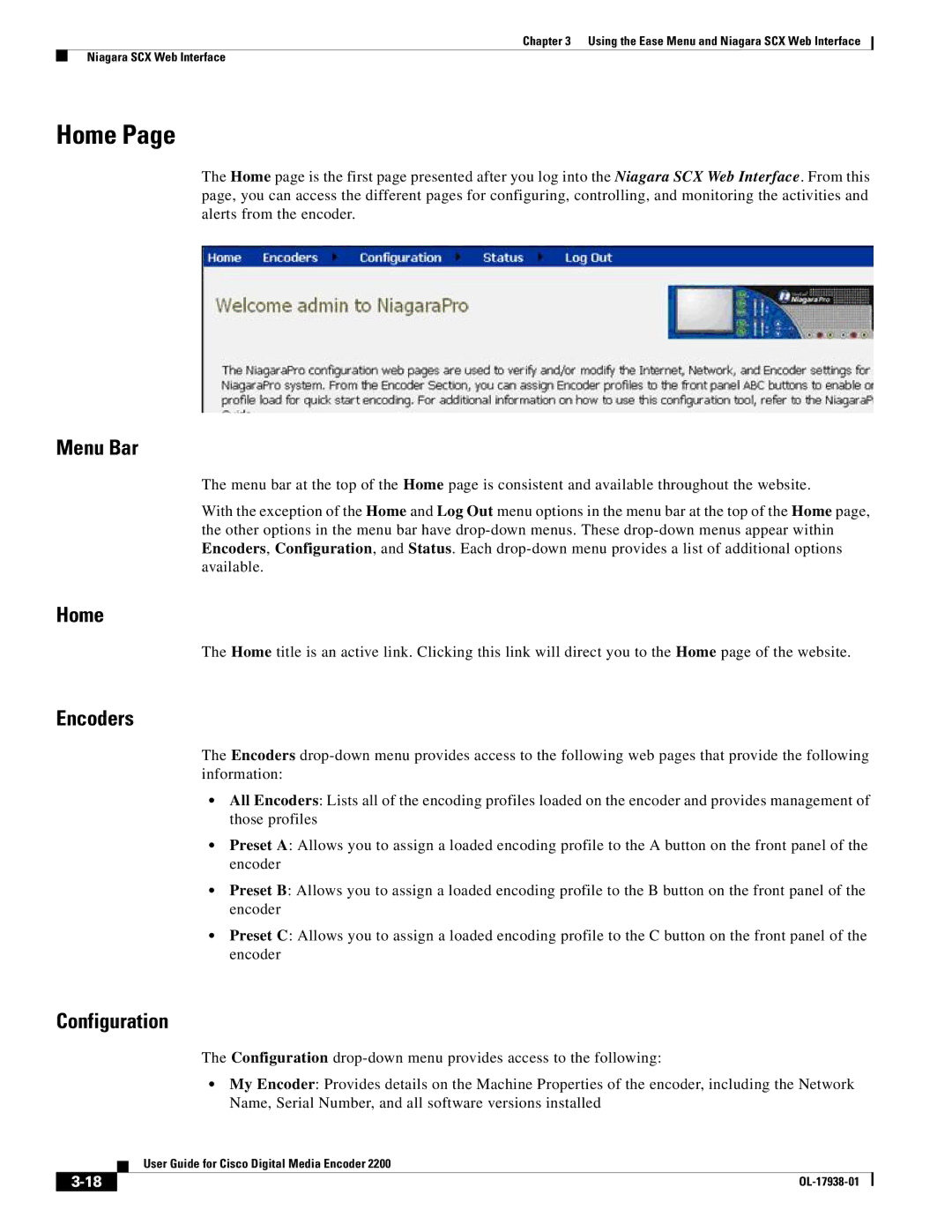 Cisco Systems 2200 manual Home, Menu Bar, Encoders, Configuration 