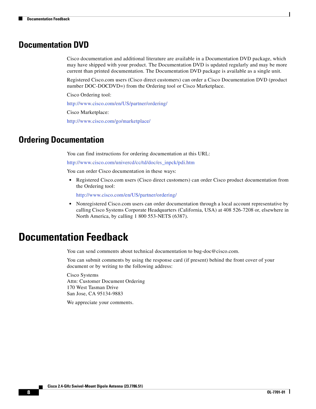 Cisco Systems 23.7786.51 warranty Documentation Feedback, Documentation DVD, Ordering Documentation 