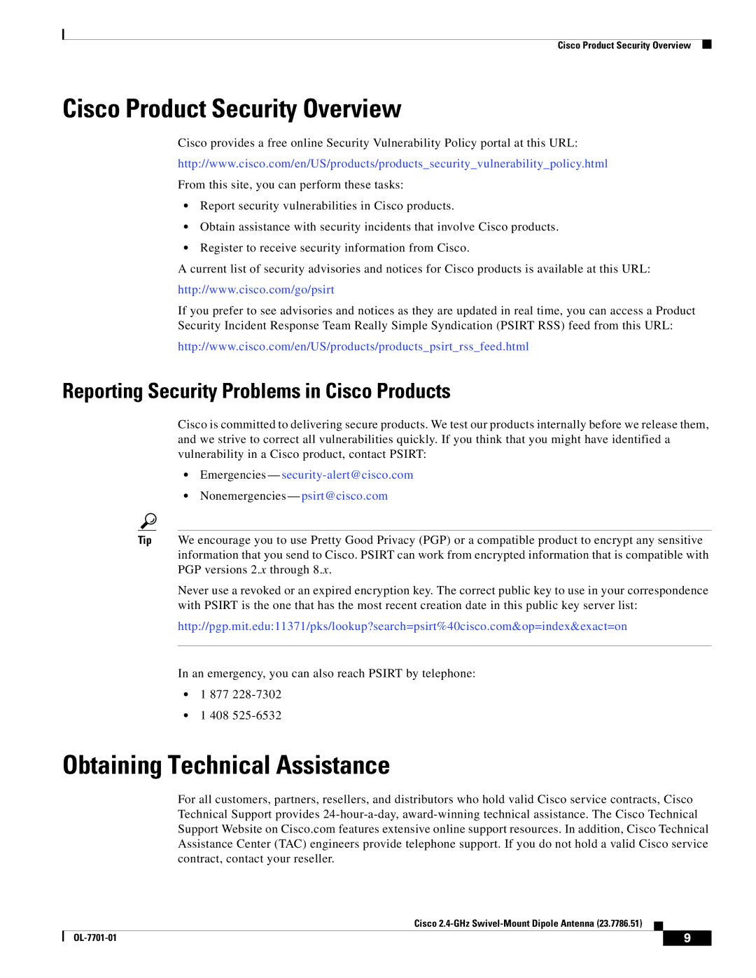 Cisco Systems 23.7786.51 warranty Cisco Product Security Overview, Obtaining Technical Assistance 