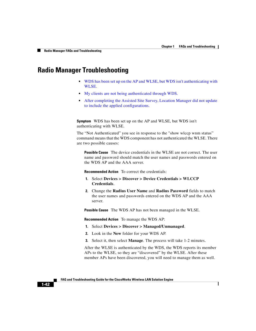 Cisco Systems 2.5 manual Radio Manager Troubleshooting, Select Devices Discover Managed/Unmanaged 