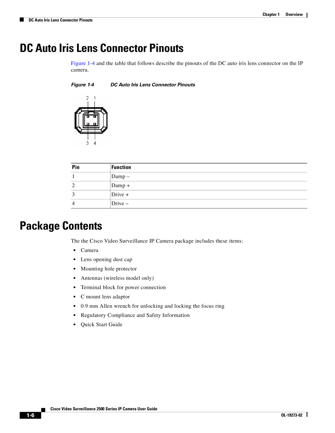 Cisco Systems 2500 Series, CIVS-IPC-2500 manual DC Auto Iris Lens Connector Pinouts, Package Contents 