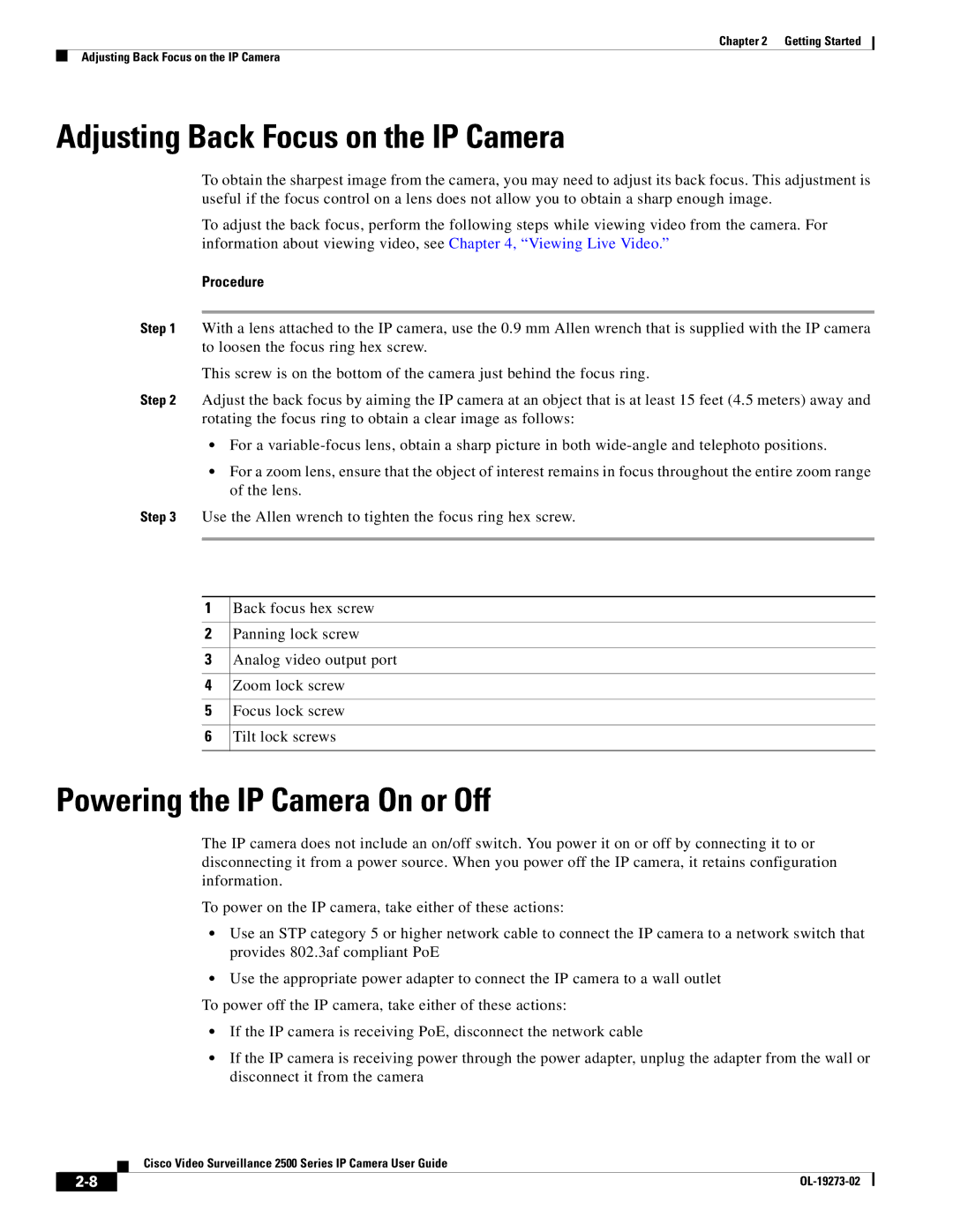 Cisco Systems 2500 Series, CIVS-IPC-2500 manual Adjusting Back Focus on the IP Camera, Powering the IP Camera On or Off 