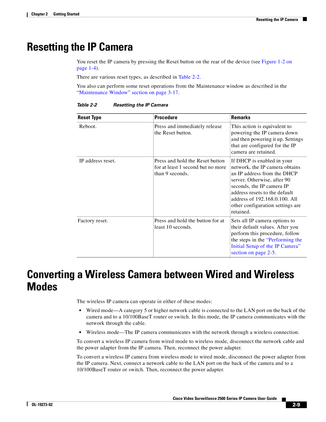 Cisco Systems CIVS-IPC-2500 manual Resetting the IP Camera, Reset Type Procedure Remarks, Initial Setup of the IP Camera 