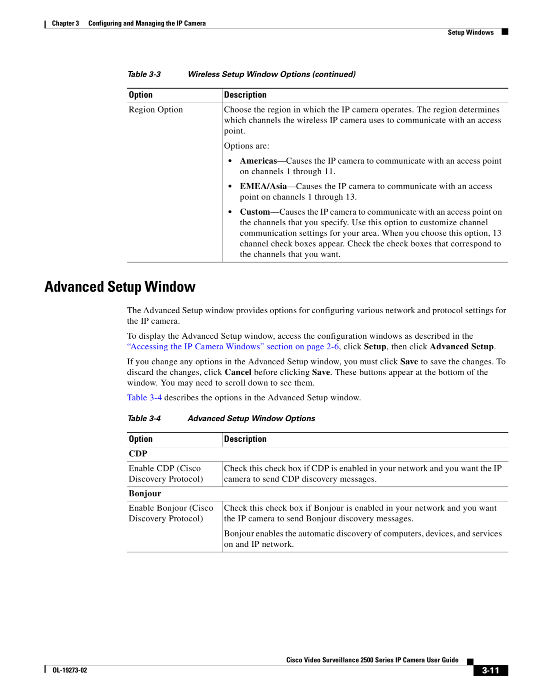 Cisco Systems CIVS-IPC-2500, 2500 Series manual Advanced Setup Window, Option, Bonjour 