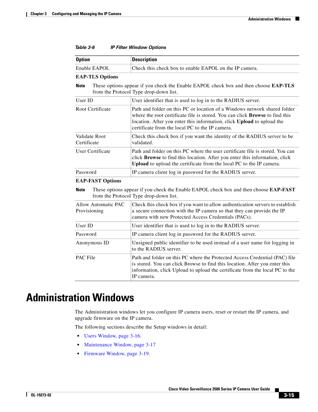 Cisco Systems CIVS-IPC-2500 Administration Windows, EAP-FAST Options, Users Window, Maintenance Window, Firmware Window 