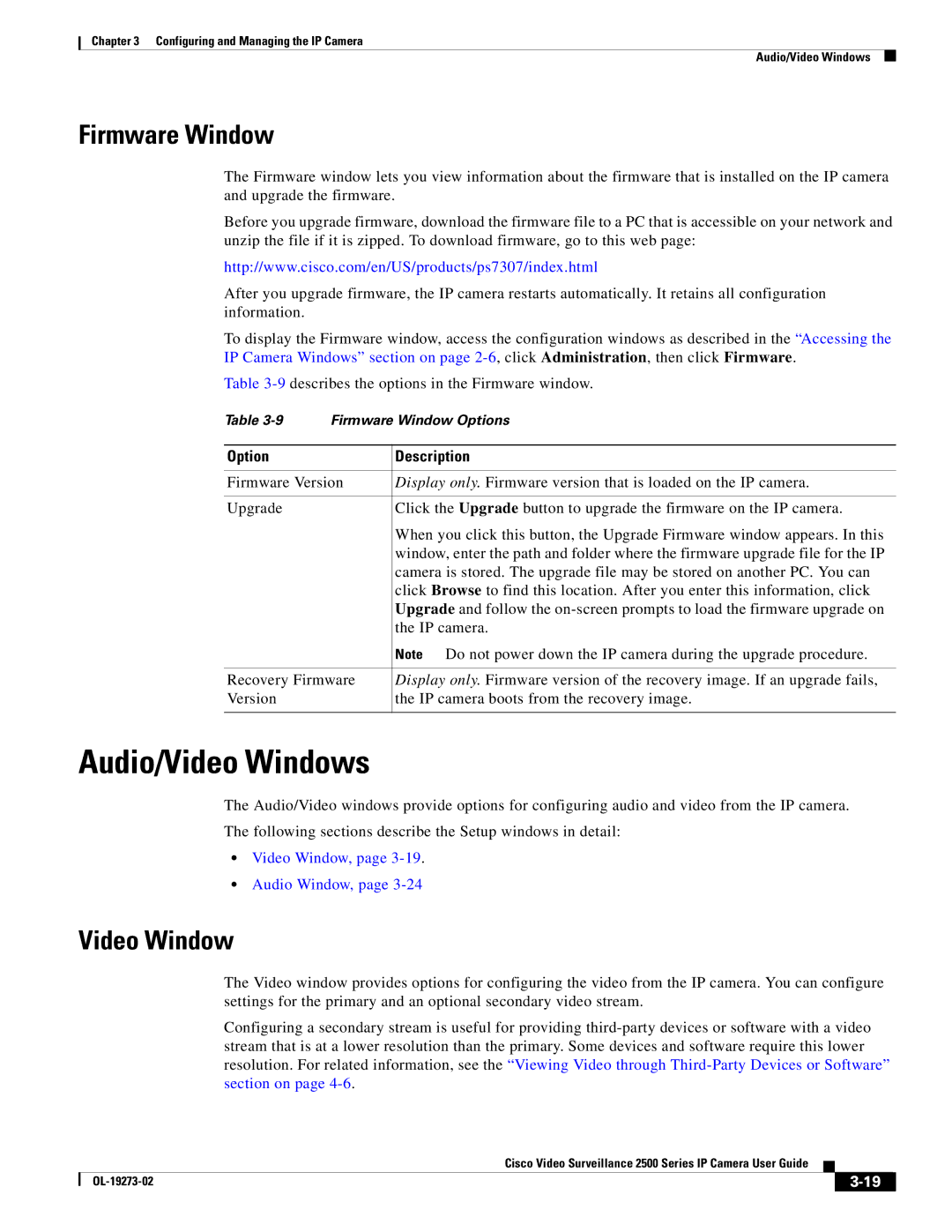 Cisco Systems CIVS-IPC-2500, 2500 Series manual Audio/Video Windows, Firmware Window, Video Window, Audio Window 