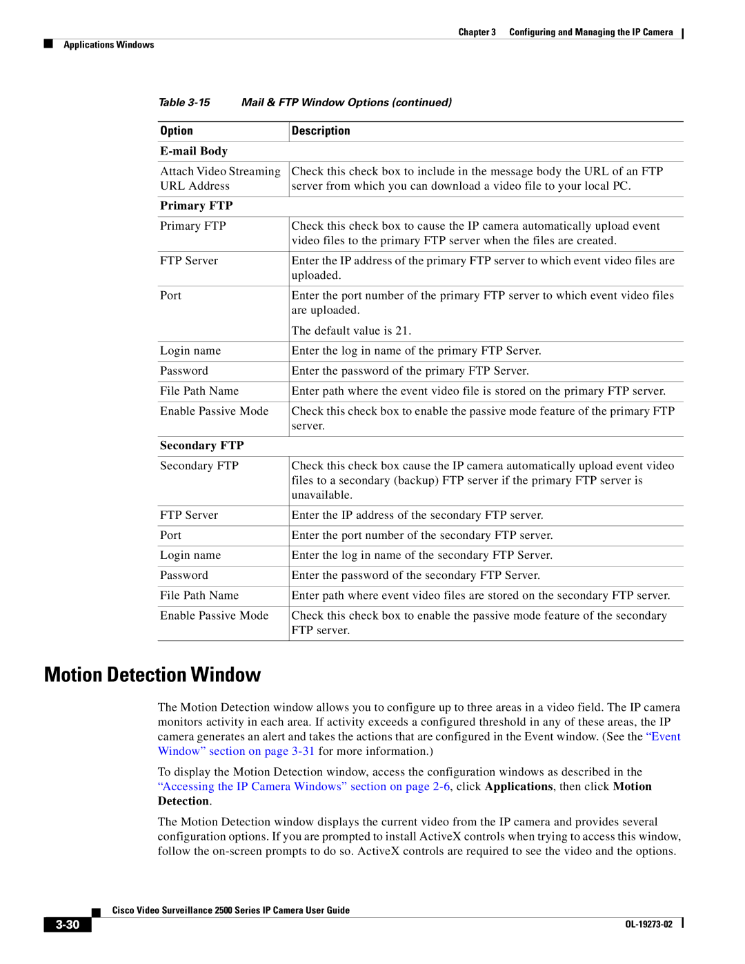 Cisco Systems 2500 Series, CIVS-IPC-2500 manual Motion Detection Window, Mail Body, Primary FTP, Secondary FTP 