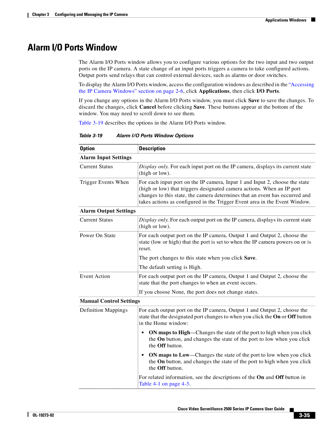 Cisco Systems CIVS-IPC-2500 Alarm I/O Ports Window, Alarm Input Settings, Alarm Output Settings, Manual Control Settings 