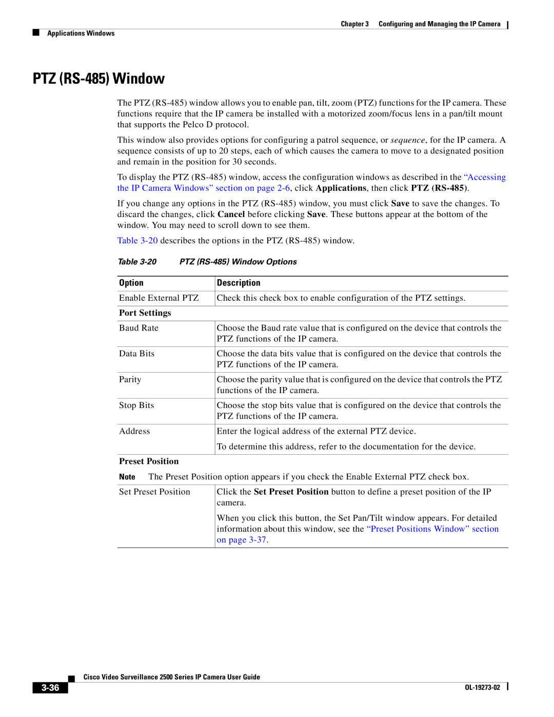 Cisco Systems 2500 Series, CIVS-IPC-2500 manual PTZ RS-485 Window, Port Settings, Preset Position 