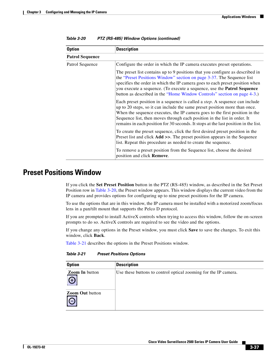 Cisco Systems CIVS-IPC-2500, 2500 Series manual Preset Positions Window, Patrol Sequence, Zoom In button, Zoom Out button 