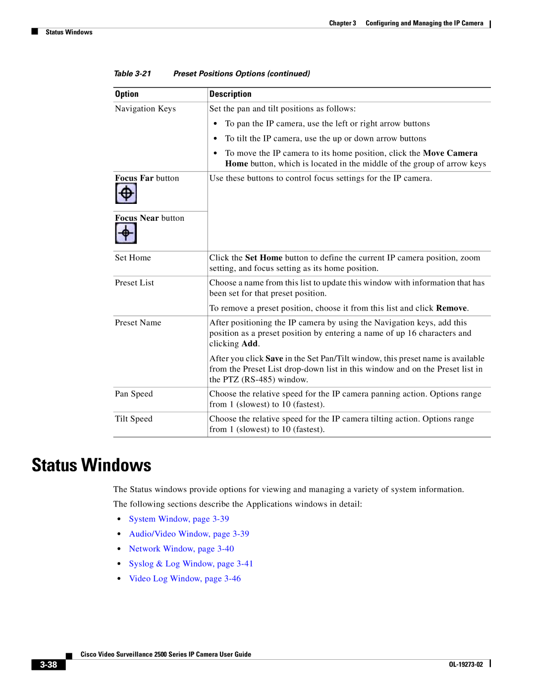 Cisco Systems 2500 Series, CIVS-IPC-2500 manual Status Windows, Focus Far button, Focus Near button 