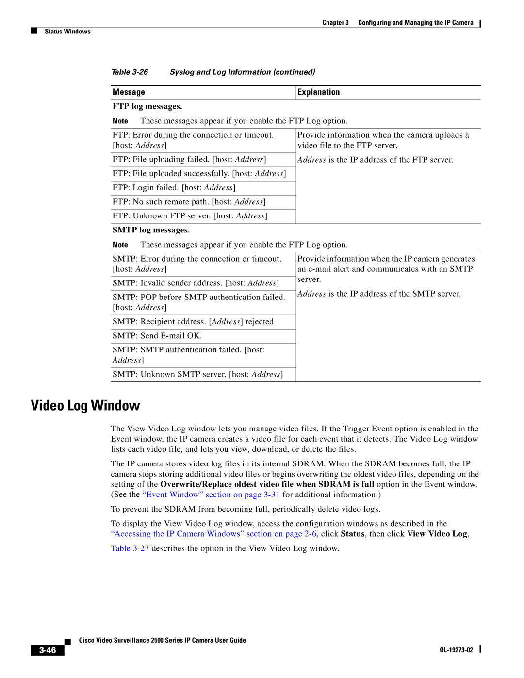 Cisco Systems 2500 Series, CIVS-IPC-2500 manual Video Log Window, FTP log messages, Smtp log messages 