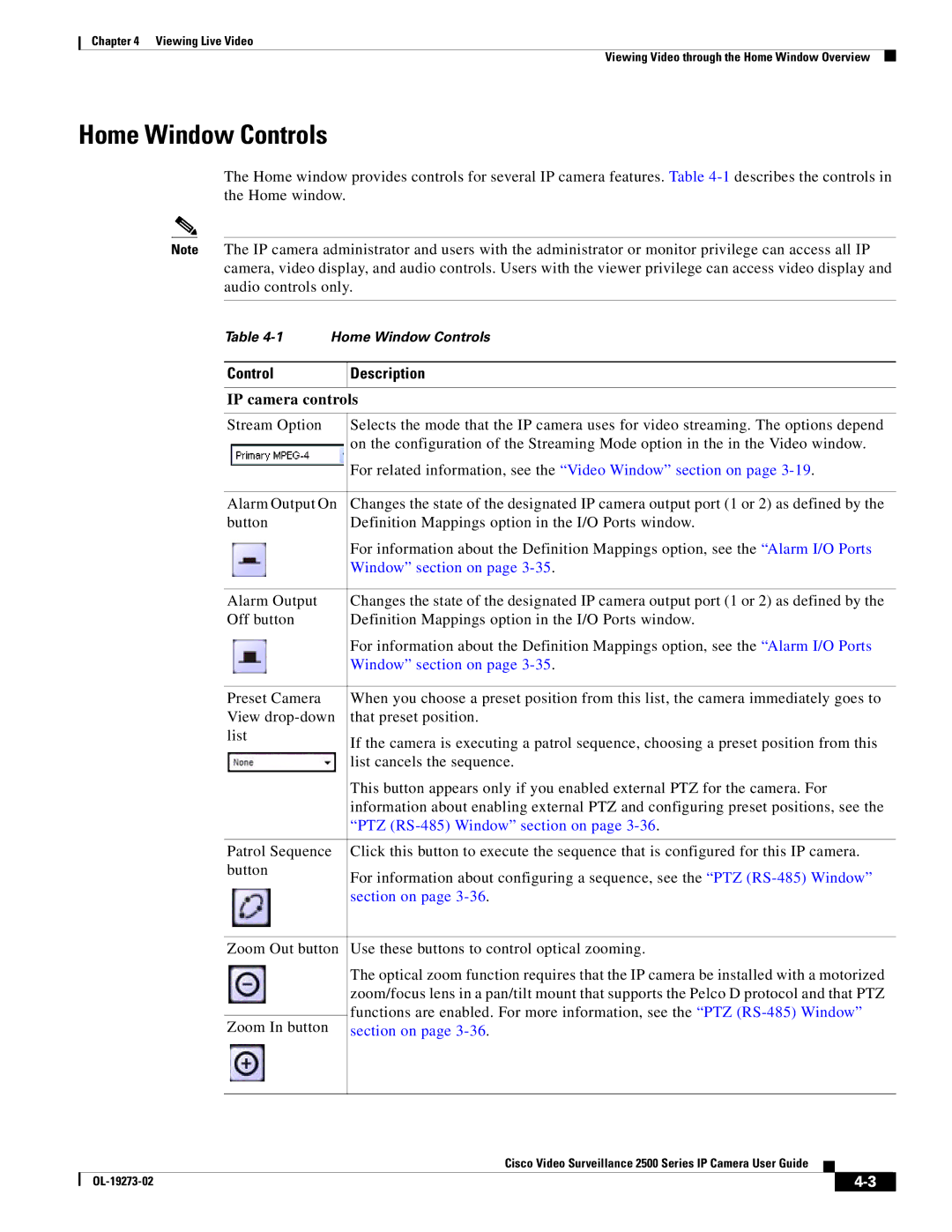 Cisco Systems CIVS-IPC-2500 Home Window Controls, Control Description, IP camera controls, PTZ RS-485 Window section on 