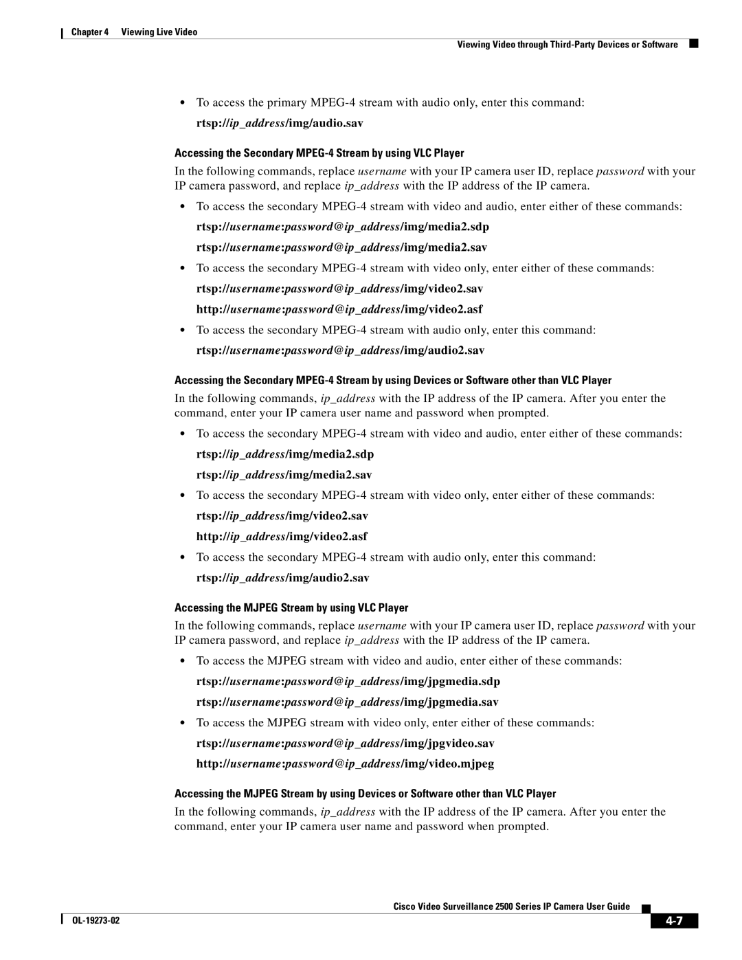 Cisco Systems CIVS-IPC-2500 Accessing the Secondary MPEG-4 Stream by using VLC Player, Rtsp//ipaddress/img/media2.sav 