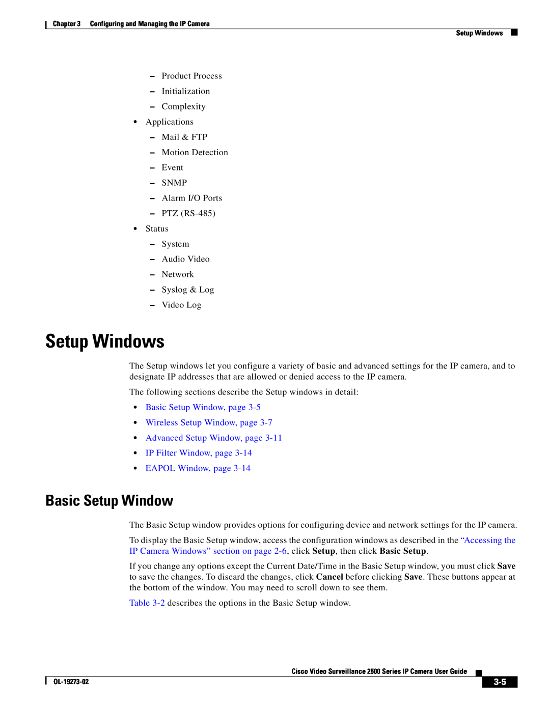 Cisco Systems CIVS-IPC-2500, 2500 Series manual Setup Windows, Basic Setup Window, page Wireless Setup Window, page 