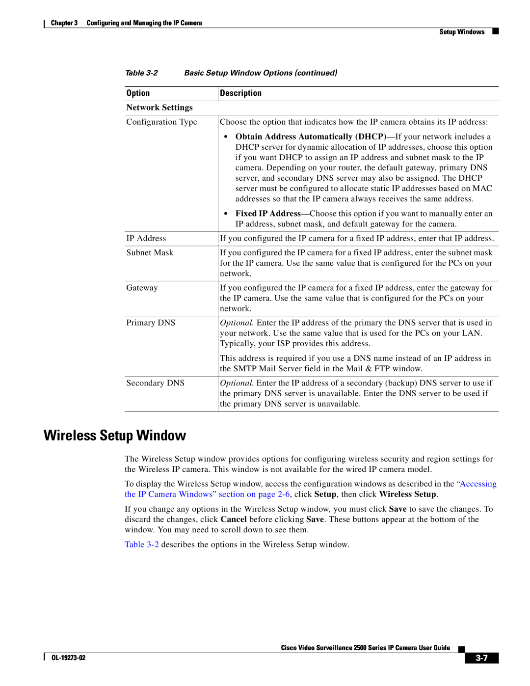 Cisco Systems CIVS-IPC-2500, 2500 Series manual Wireless Setup Window, Network Settings, Option, Description 