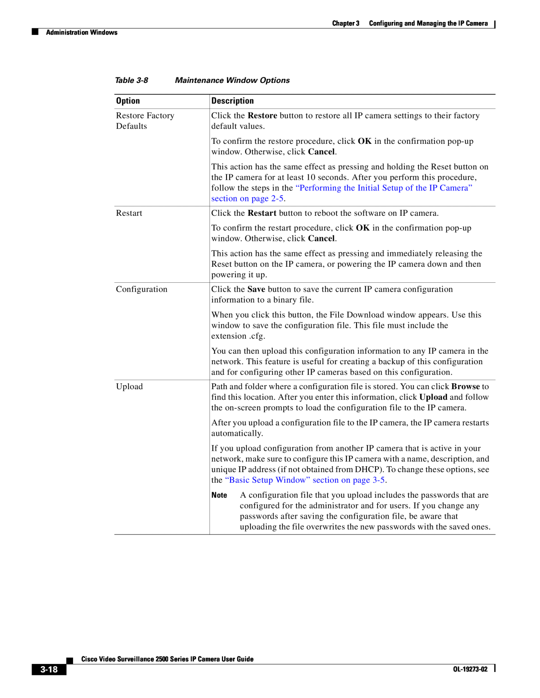 Cisco Systems 2500 Series, CIVS-IPC-2500 manual the “Basic Setup Window” section on page, 3-18, Option, Description 