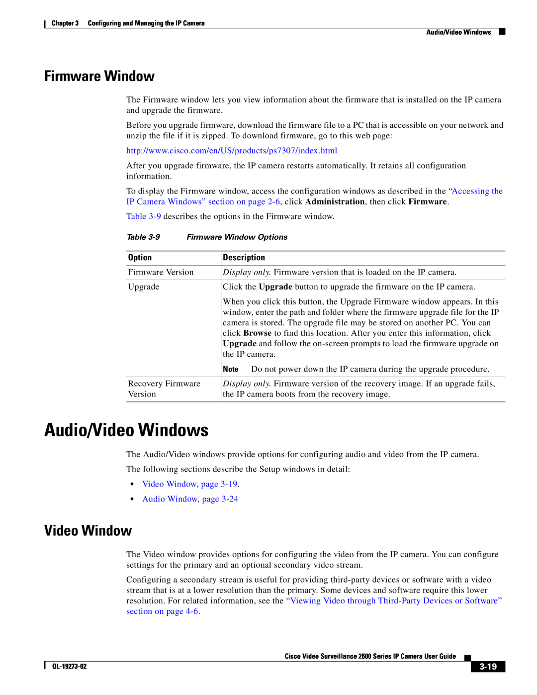 Cisco Systems CIVS-IPC-2500 Audio/Video Windows, Firmware Window, Video Window, page Audio Window, page, 3-19, Option 