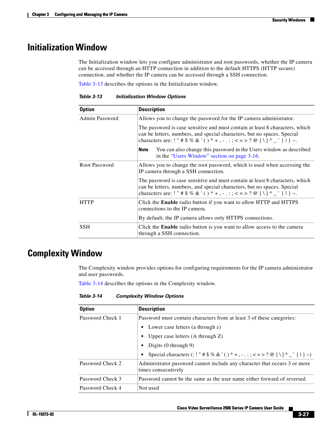 Cisco Systems CIVS-IPC-2500 Initialization Window, Complexity Window, in the “Users Window” section on page, 3-27, Option 