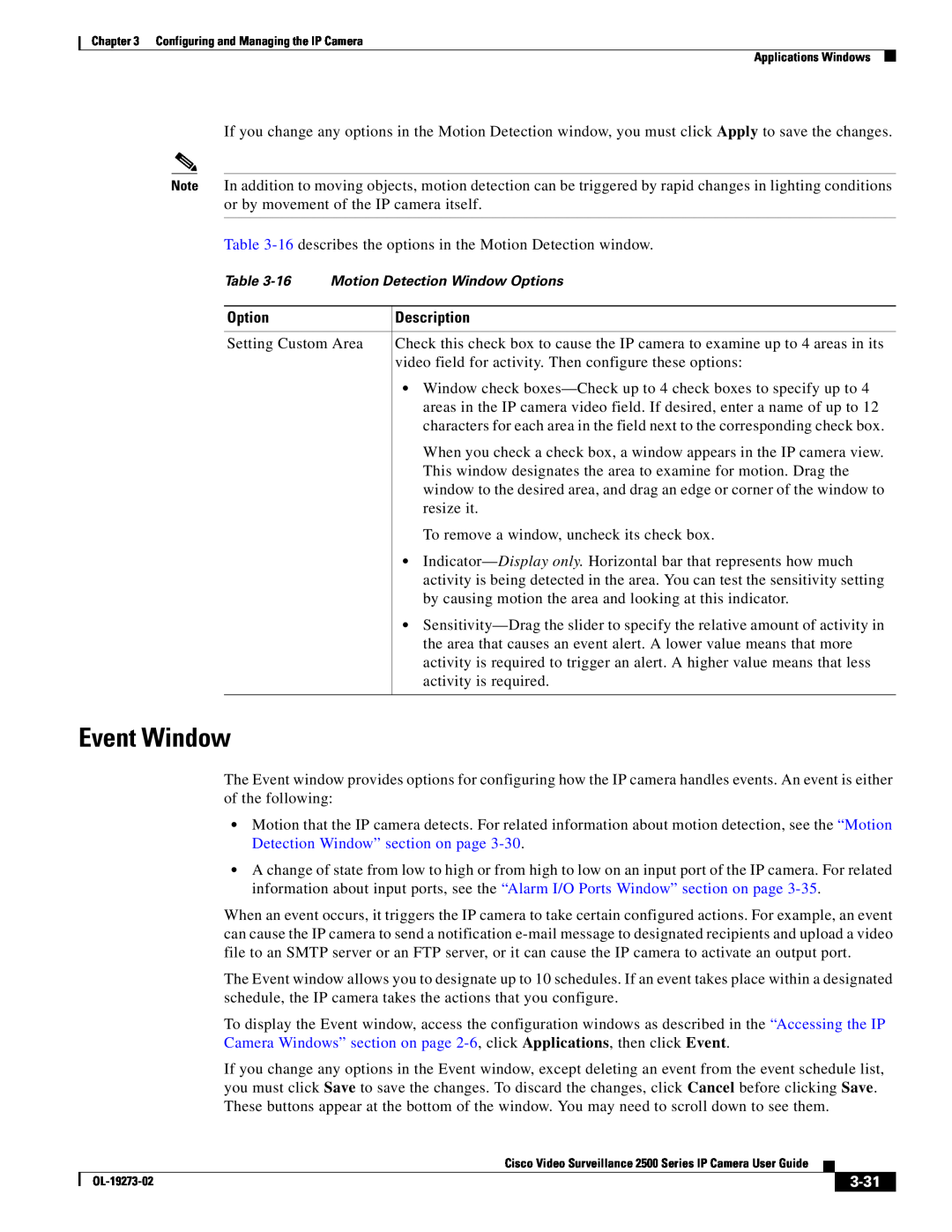 Cisco Systems CIVS-IPC-2500, 2500 Series manual Event Window, 3-31, Option, Description 