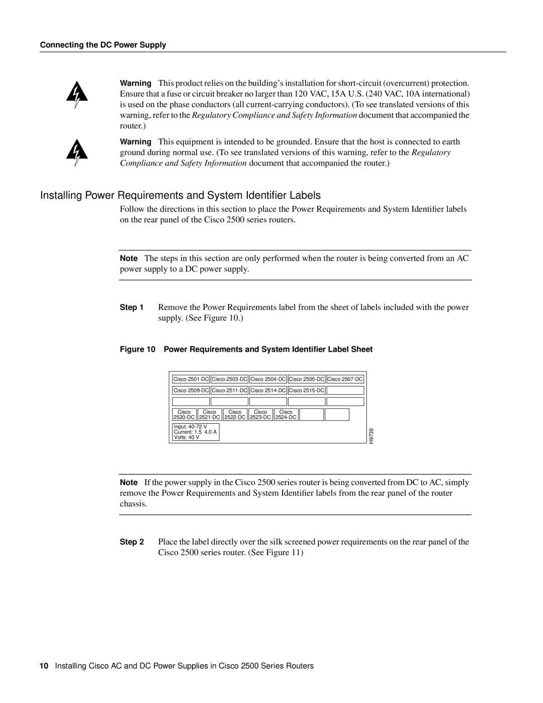 Cisco Systems 2500 Series manual Installing Power Requirements and System Identiﬁer Labels 