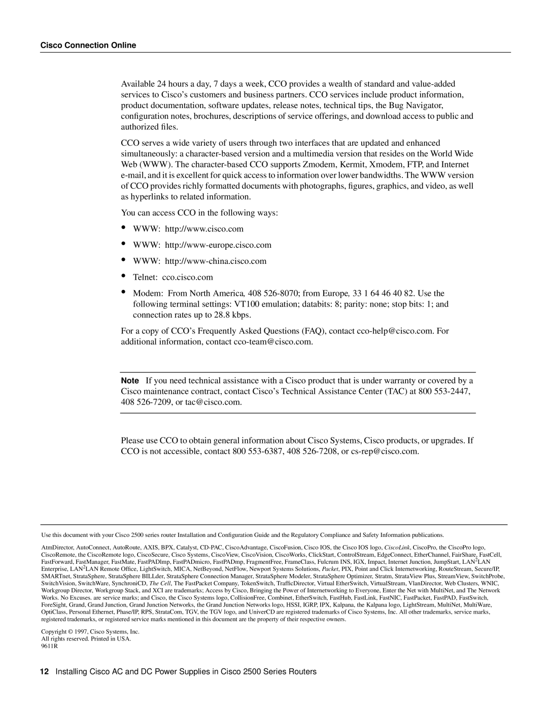 Cisco Systems 2500 Series manual Cisco Connection Online 