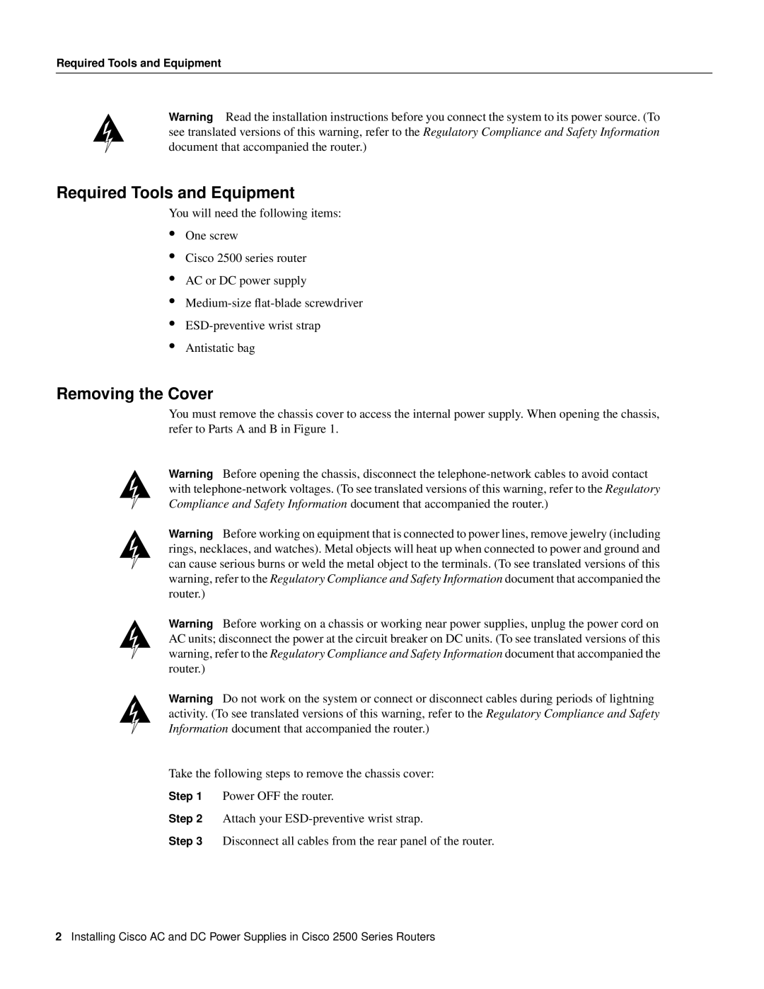 Cisco Systems 2500 Series manual Required Tools and Equipment, Removing the Cover 