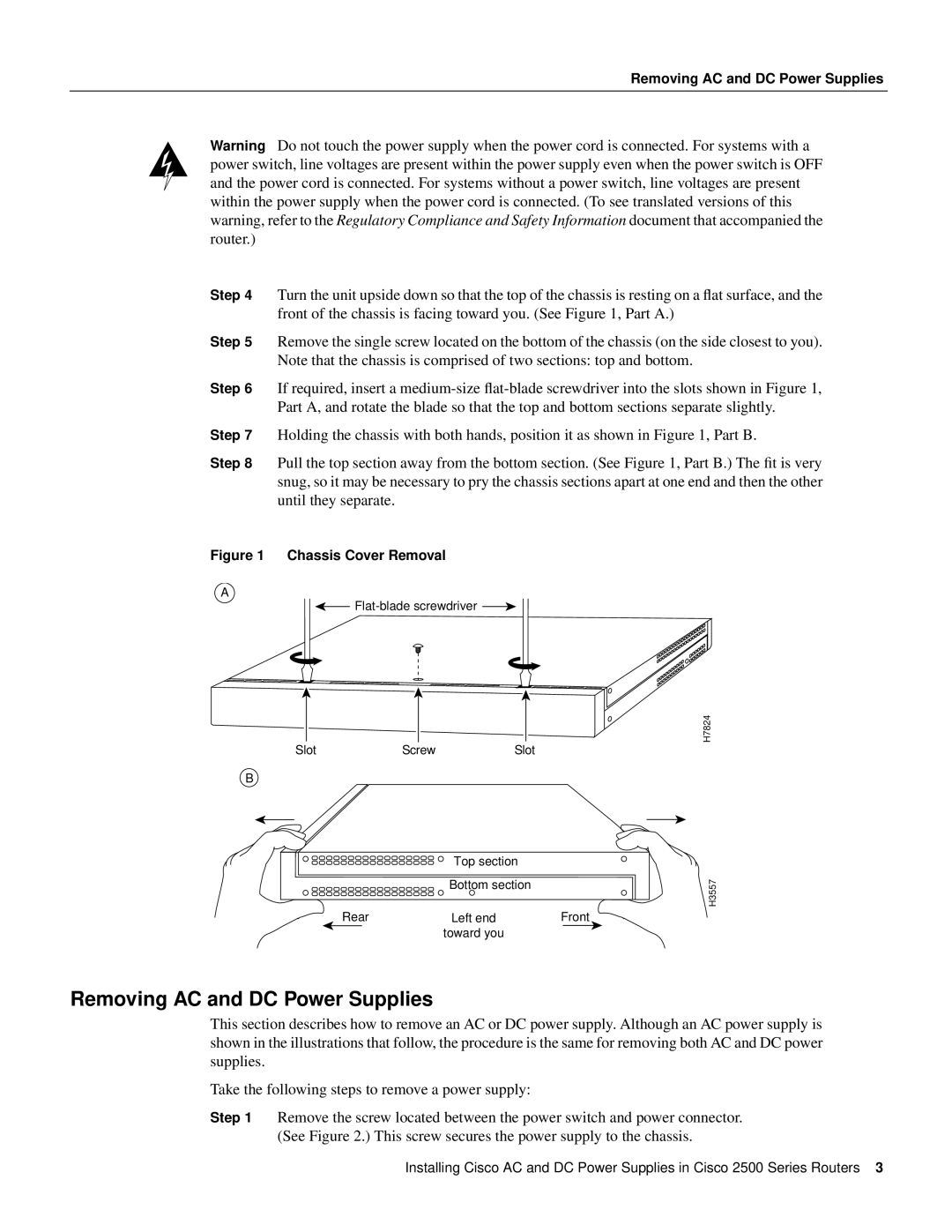 Cisco Systems 2500 Series manual Removing AC and DC Power Supplies, Chassis Cover Removal 