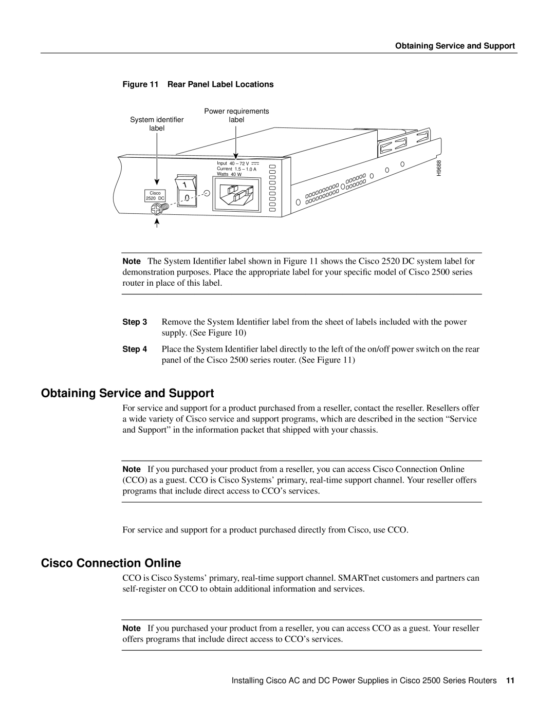 Cisco Systems 2500 Series manual Obtaining Service and Support, Cisco Connection Online, Rear Panel Label Locations 